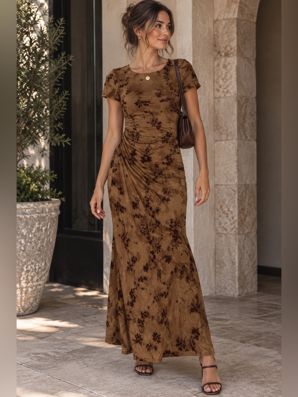 Zesica Brown Floral Velvet Burnout Ruched Maxi Dress Size Small NWT